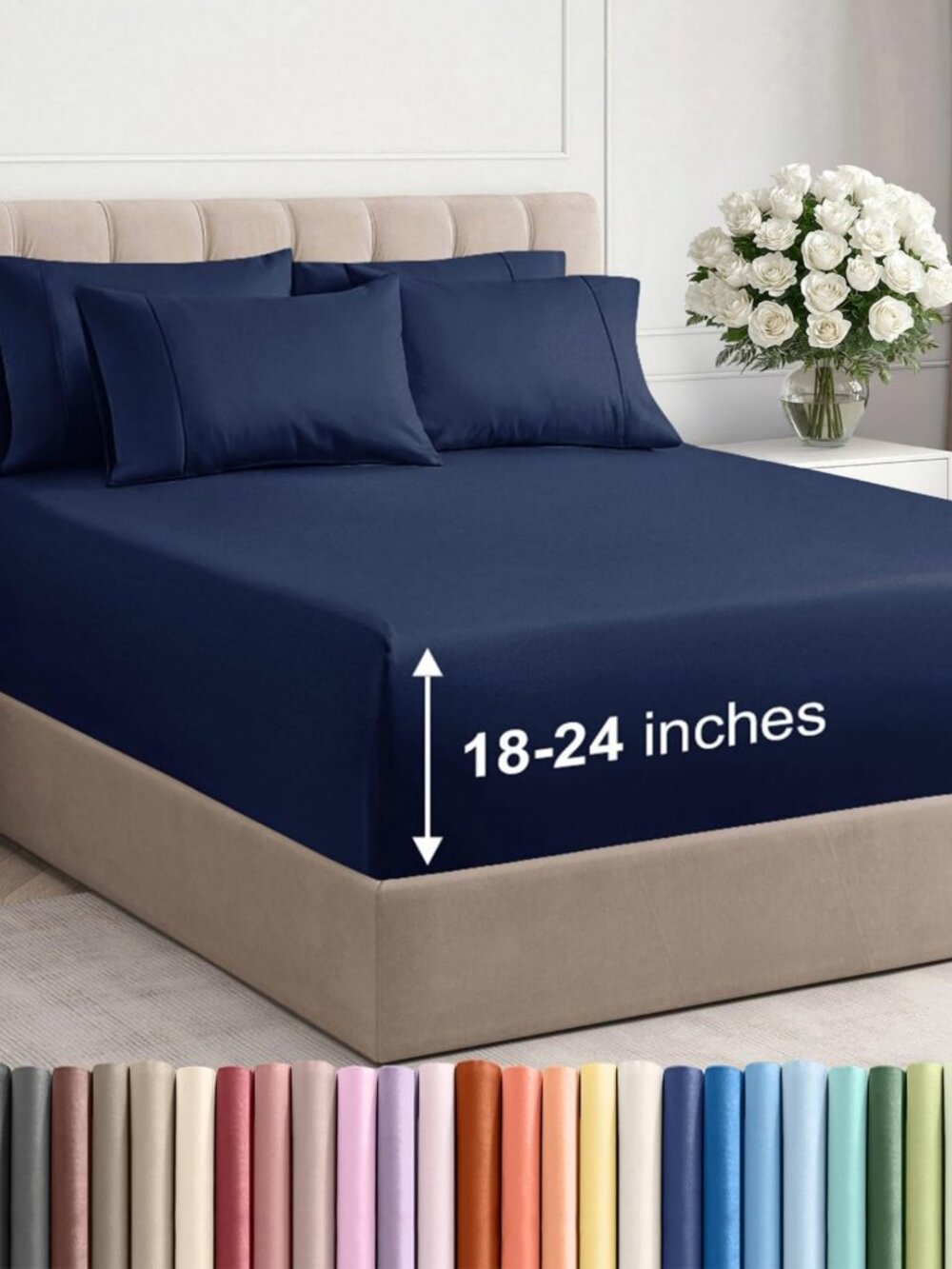 Extra Deep Queen Sheet Set - 6pc Cooling Bedding - Navy Blue Soft Sheets